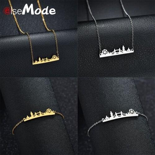 ELSEMODE Charm Stainless Steel London Tower Bridge Pendant Necklace Bracelets For Women Men Jewelry Wedding Gift бижутерия