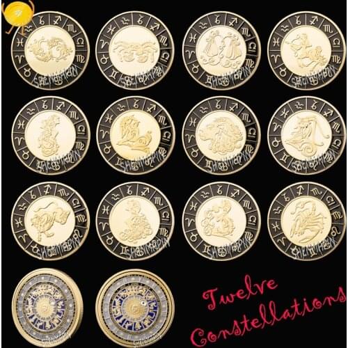 Full Set Twelve Constellations Commemorative Coin Lucky Astrology Diamond-Set Sun Moon Constellation Coins Collectibles Gifts