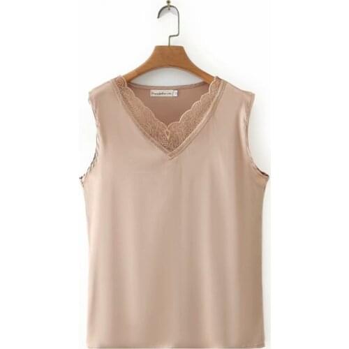 Plus size women V-neck lace satin vest 2021 new casual summer sleeveless ladies t shirt white black champagne