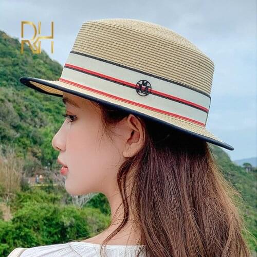 M Letter Ribbon Round Flat Top Straw Beach Hat Lady Boater Sun Caps Panama Straw Fedora Womens Travel Sun Cap Gorras