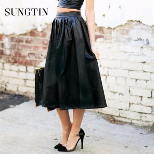 Sungtin Ladies Long Skirts for Women Faux Leather Pu Skirt High-waist Fashion A-line Knee Length Casual Pockets Spring 2021