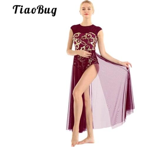 TiaoBug Sleeveless Floral Sequins Gymnastics Ballet Leotard Women Long Dress Adult Modern Contemporary Lyrical Dance Costumes