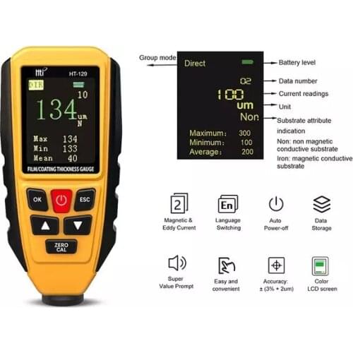 Digital HT-129 Thickness Gauge Car Coating Paint Thickness Meter Handheld ht129 Thickness Tester with Backlight LCD Color Screen