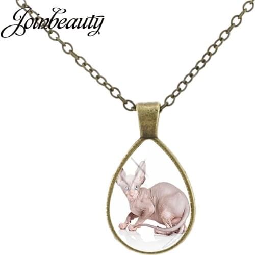 JOINBEAUTY Vintage Tear Drop Necklace Pets Sphinx Cat Picture Pendant Women Handmade Jewelry Animal Lovers Gifts CA210