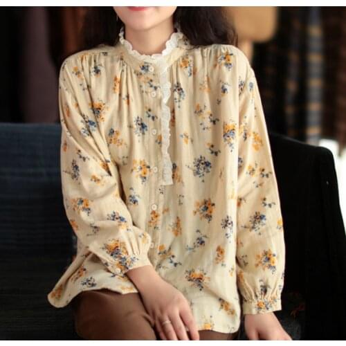 Double-Layer Cotton Blouses And Tops Women Retro Style Spring 2021 New Shirred Lace Collar Printed Floral Ladies Shirt Mori Girl