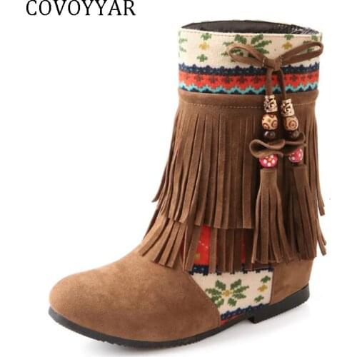 COVOYYAR 2019 Autumn Winter Women Ankle Boots Fringe Print Moccasins Hidden Wedge Tassel Lady Flats Boots Plus Size WBS410