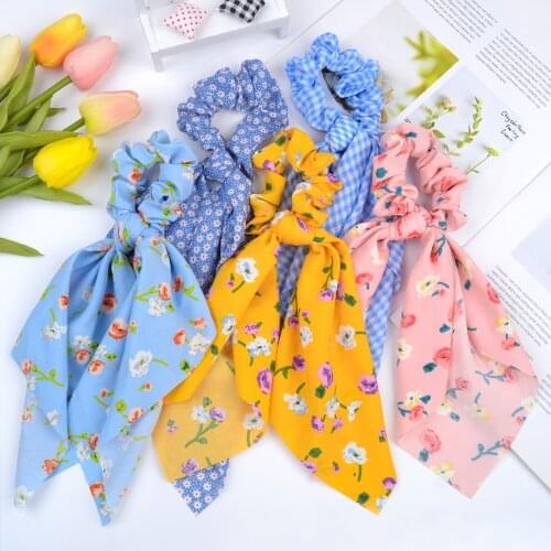 Women Streamers Scrunchie Polka Floral Dot Print Elastic Hair Bands Rubber Rope Girls Tie Korean Sweet Headwear Hair Accessories