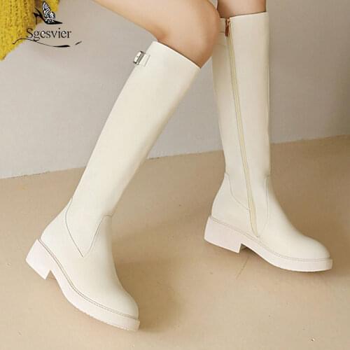 Sgesvier 2021 Big size 33-43 winter knee high boots med heels round toe solid color women boots ladies shoes black sliver