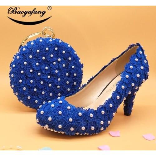 BaoYaFang 2019 New arrival Royal Blue Flower wedding shoes and bags High Heeled Pumps Lace Pearl Party dress Shoes Woman