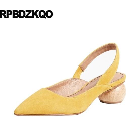 Suede slingback women sandals 2019 summer yellow pointed korean large size low heel slip on big chunky shoes closed toe green