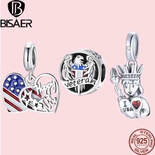 Bisaer 100% 925 Sterling Silver American Girl Free Flag Eagle Beads Charm For Women Brand Bracelet & Bangle DIY Jewelry ECC1884