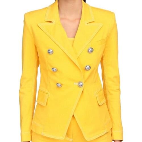 HIGH STREET 2021 Newest Designer Blazer Jacket Womens Lion Buttons Double Breasted Top Stitching Contrast Yellow Denim Blazer