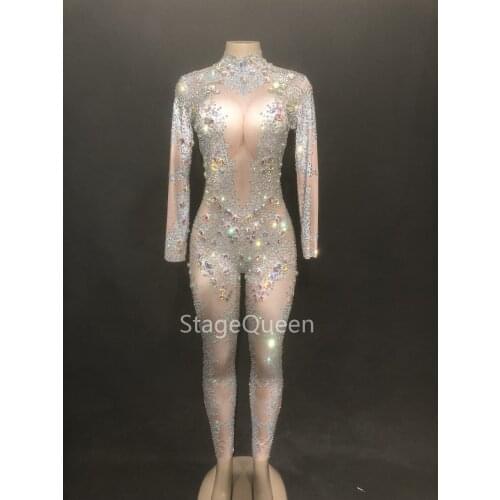 Women Sexy Stage Dj Jumpsuit Blue Diamonds Net Yarn Full Of Sparkling Crystals Bodysuit Nightclub Party Dancer Singer Stage Wear
