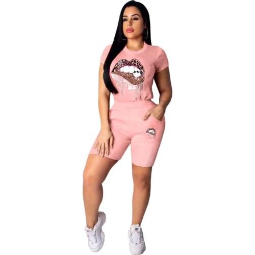 Hirigin Women Two Pieces Sets Summer Tracksuits Mouth Print Tee Tops Shorts Leggings Suit Fitness Sporty Fashion Outfits