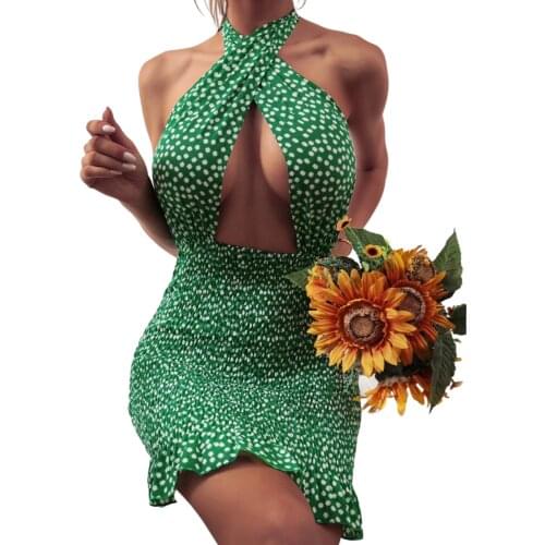 Sexy Women Close-fitting Backless Dress Floral Printed Sleeveless Pattern Halter Neck Hollow Out Short Dresses Green Red Yellow