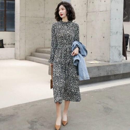 Spring Autumn Womens Casual French Retro Print Chiffon Beach Korean Dress Elegant Vintage Boho Clothing High Waist Dresses