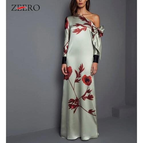 Women Vintage Floral Print Long Sleeve Bow Slash Neck Maxi Dresses Elegant Ladies Sexy Party Dress Plus Size Vestido Autumn 2019