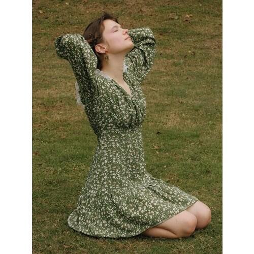 Spring Original Design Summer Women Vintage Elegant Slim Midi Beach Casual Loose Floral Print Chiffon Short Dress