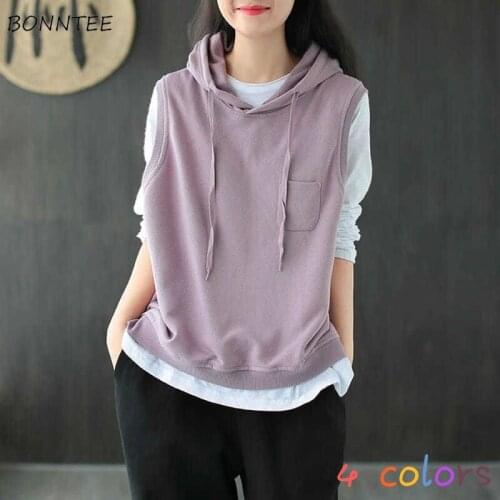 Vests Women Hooded Loose Popular All-match Students Simple Casual Outwear Korean Style Pockets Solid Spring Autumn Mujer Clothes