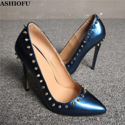 ASHIOFU Handmade Women High Heel Pumps Rivets Spikes Slip-on Party Office Dress Shoes Large Size Evening Fashion Pumps Shoes