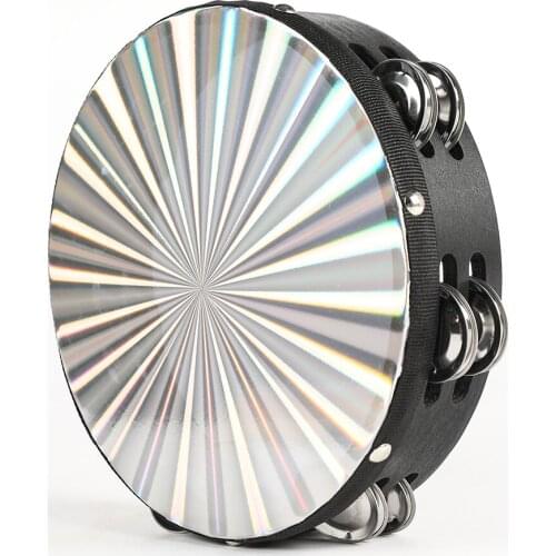 BATESMUSIC 8"/ 10" Wooden Radiant Tambourine Handbell Hand Drum with Double Row Reflective Drum Head Percussion Instrument Toy