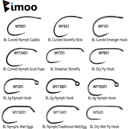 Bimoo 30pcs/Pack Black Nickel Barbless Fly Tying Hooks Nymph Stonefly Emerger Streamer Caddis Dry Fly Hooks Trout Fishing Hooks