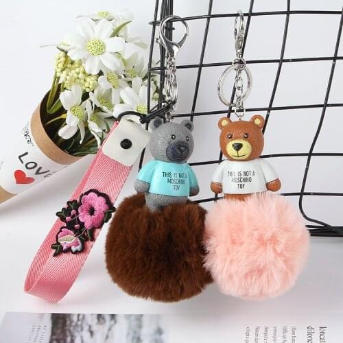 Sports Bear Keychain DIY Handmade Ribbon Keychain Charm Bear Hairball Womens Bag Keychain Accessories Friends Gift Keychain