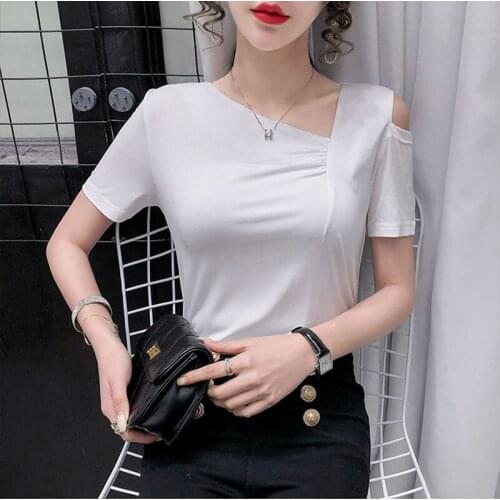 GGRIGHT Summer Knitted Basic Solid T-Shirt Women Casual Cotton Short Sleeve Tee-Shirts Female Off Shoulder Black White Tops 2021