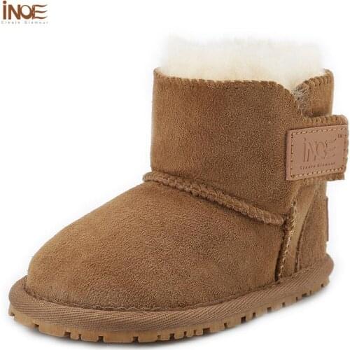 INOE real sheepskin suede leather natural sheep fur lined kids winter boots for baby walking shoes waterproof non-slip sole