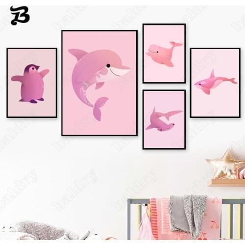 Canvas Painting Pink Animals Dolphin Shark Inkfish Penguin Wall Art Cartoon Posters and Print Wall Pictures Baby Room Home Decor