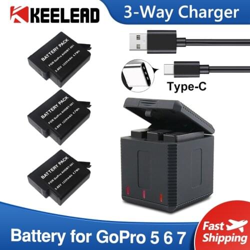 KEELEAD 3-way Charger Battery for GoPro 5 6 go pro 7 Hero Black 1220 mAh 3.85V Storage Charging Box 3 Rechargeable Batteries