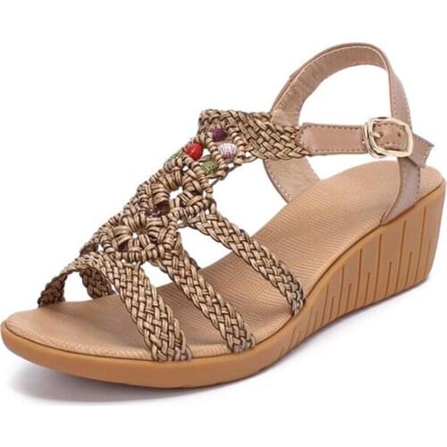 Hot 2020 New Summer Weave Cowhide Leather Sandals Fashion Casual Sandals Comfort Wedge Slippers Popular Women Sandals Large Size