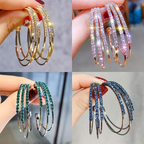 Fashion Stunning Glass Green Blue Rhinestone Gems Hoop Earrings For Women Jewelry Fashion Statement Earrings Accessories