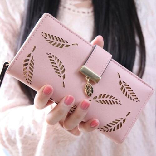 Fashion Women Hollow Leaf Card Coin Purse Long Wallet Zipper Buckle Clutches Bag Faux Leather Cash Money Bag Storage