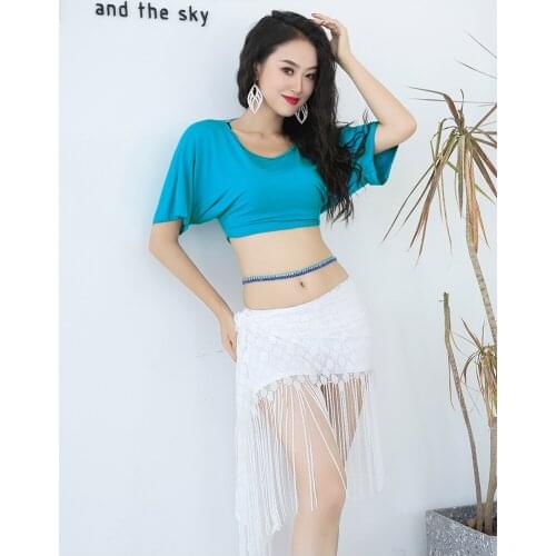 New belly dance practice clothes womens round neck modal top + fringed short skirt oriental dance dance class clothes
