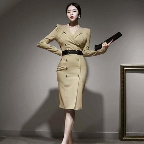New arrival fashion women spring autumn slim midi dress ladies temperament notched collar double breasted solid pencil dress