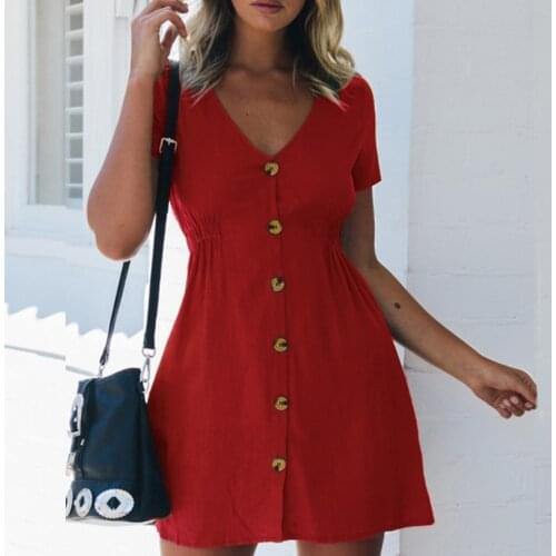 WYWMY Summer Women Dress 2021 Fashion Pure Color Single Row Buttons V-Neck Short Sleeve High-Waisted Casual Dress Female Vestido