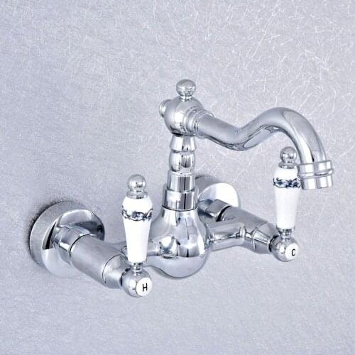 Polished Chrome Wall Mounted Basin Faucets Double Handle Dual Hole Bathroom Sink Swivel Faucet Mixer Tap zsf545