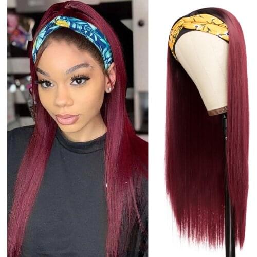 Straight Headband Wig for Women Bouncy Red Blonde Burgundy Black Hair Wig Synthetic Wig Cosplay Daily Lolita Heat Resistant Wig
