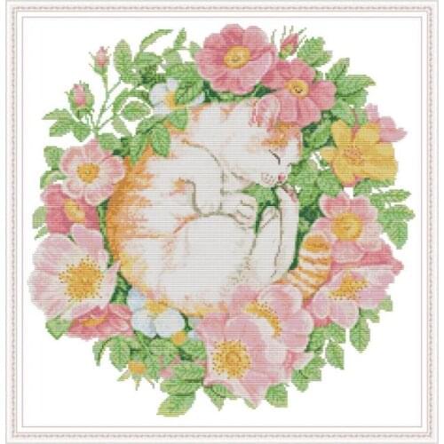 Cat Among The Flowers Cross Stitch Patterns 14ct 11ct Count Print on Canvas Cross-stitch Embroidery Animals DIY Needlework Kits
