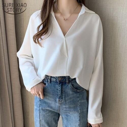 2021 Spring Women Office Lady Solid White Blouses Fashion Tops Blusas Autumn New Korean Loose Long Sleeve V-neck White Shirts