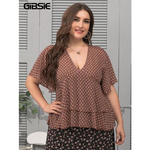 GIBSIE Plus Size V-Neck Chiffon Print Layered Ruffle Top Blouse Women Summer Short Sleeve Blouses and Tops Vacation Casual Tunic