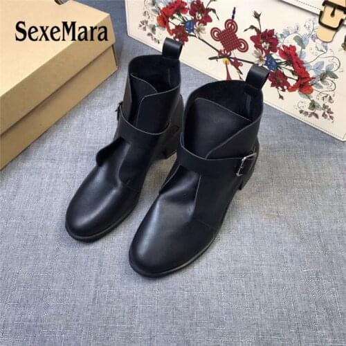 SexeMara Luxury Design Spring Autumn Women Ankle Boots Pointed Toe Genuine Leather Fashion Flats Motorcycle boots Ladies Shoes