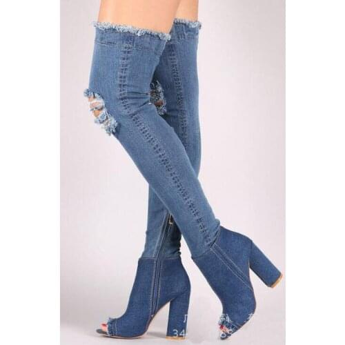 2020 Hot Selling Denim Boots Sexy Peep Toe Thick Heels Over the Knee Woman Boots Runway Cutouts Thigh High Jeans Boots