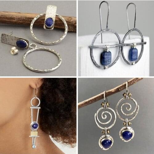 2020 New Vintage Blue Stone Earrings for Women Boho Tribal Antique Silver Color Metal Round Spiral Drop Dangle Earring