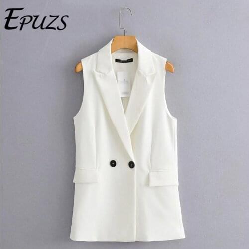 Women sleeveless double breasted vest jacket white casual waistCoat pockets female outwear tops 2021