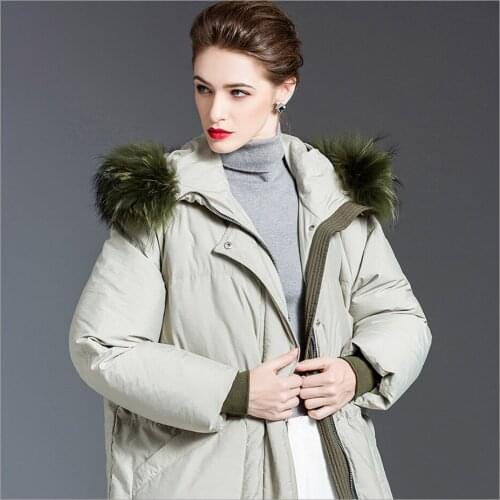 Womens Bamboo Leaf Green Raccoon fur collar white duck down coat winter Hooded Warm down jacket female coats lady jackets long