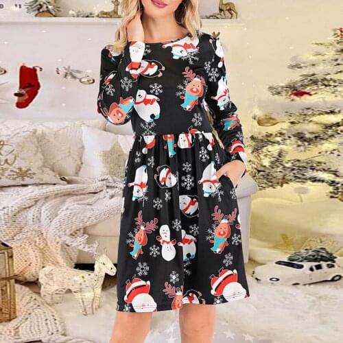 Christmas Women Dress 2020 Fashion O Neck Long Sleeve Elk Bear Print New Year Party Dress Christmas Holiday Loose Ladies Dresses