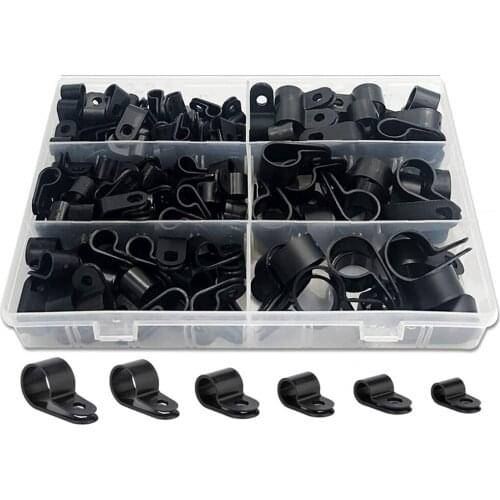 180 Pcs Nylon Plastic R-Type Cable Clamps, 1/4" 5/16" 3/8" 1/2" 5/8" 3/4" Clips Fasteners Assortment Kit for Cable Conduit Black