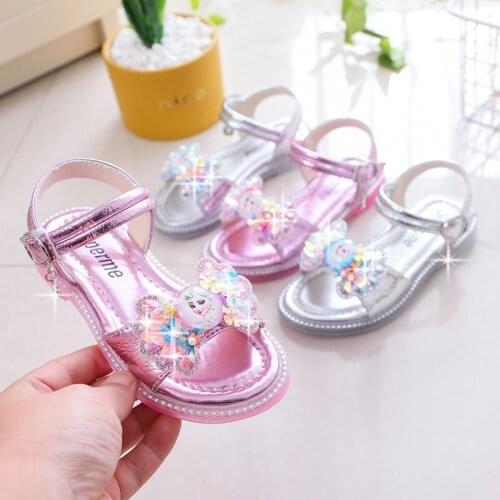 Disney Girls Sandals New Childrens Cartoon Rhinestone Soft Bottom Bowknot Frozen Elsa Fashion Princess Shoes